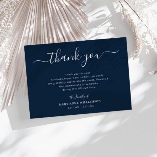 Mooi script Navy Blue Funeral Dank u opmerking Bedankkaart
