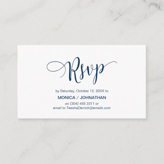 Mooi script, Navy Blue, RSVP reageren Informatiekaartje (Voorkant)
