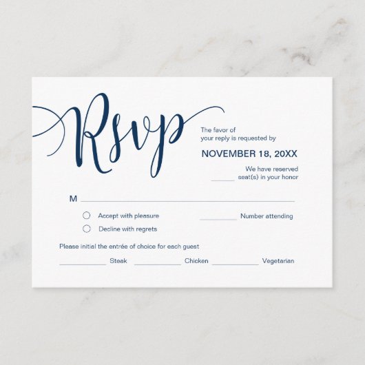 Mooi script, RSVP, Navy Blue, Reageer Informatiekaartje (Voorkant)