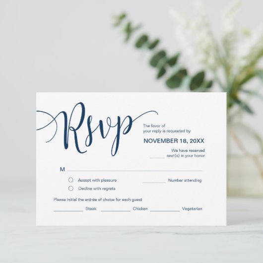 Mooi script, RSVP, Navy Blue, Reageer Informatiekaartje (Staand voorkant)