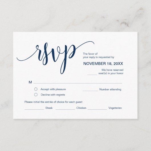 Mooi script, RSVP, Navy Blue, Reageer Informatiekaartje (Voorkant)
