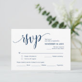 Mooi script, RSVP, Navy Blue, Reageer Informatiekaartje (Staand voorkant)
