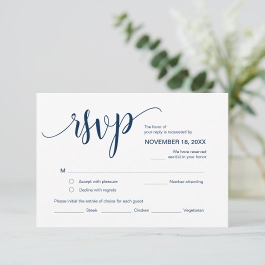 Mooi script, RSVP, Navy Blue, Reageer Informatiekaartje (Staand voorkant)