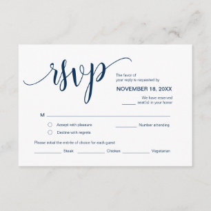 Mooi script, RSVP, Navy Blue, Reageer Informatiekaartje