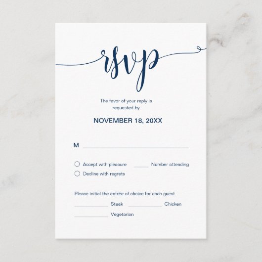 Mooi script, RSVP, Navy Blue, reageren Informatiekaartje (Voorkant)