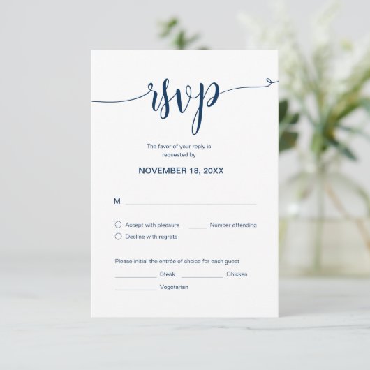 Mooi script, RSVP, Navy Blue, reageren Informatiekaartje (Staand voorkant)