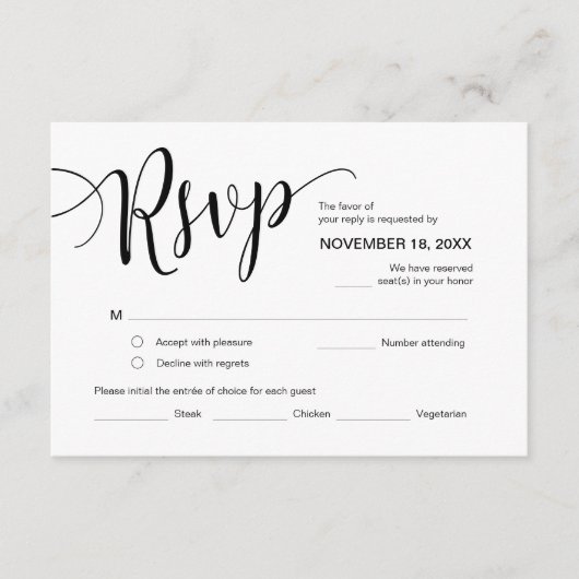 Mooi script, RSVP, zwart, reageren Informatiekaartje (Voorkant)