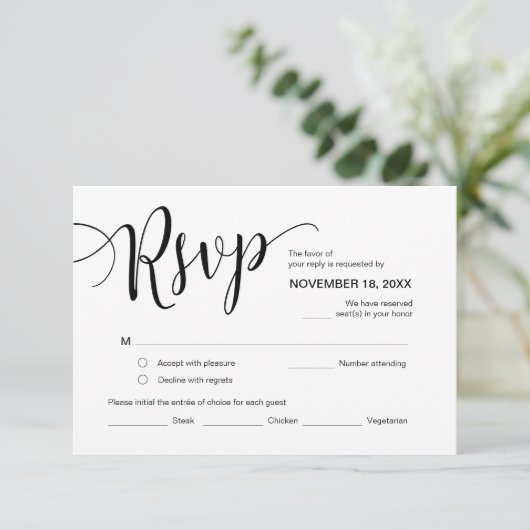 Mooi script, RSVP, zwart, reageren Informatiekaartje (Staand voorkant)
