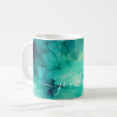 Mooi scripttekst sjabloon teal groene waterverf koffiemok (Voorkant links)