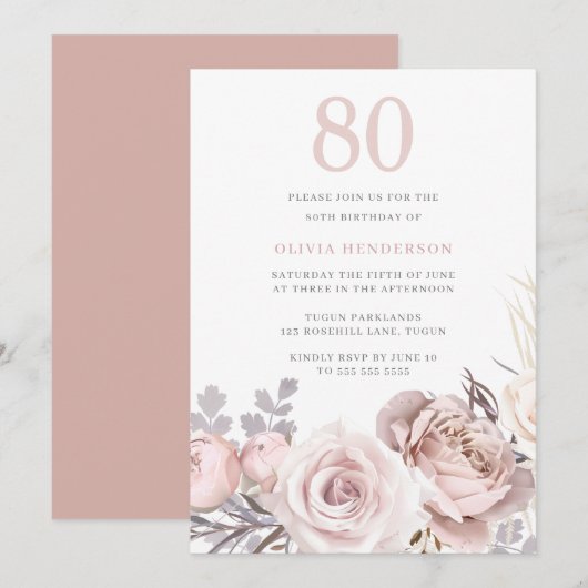 Mooi stoffig Roos & Blush 80ste verjaardagsfeestje Kaart (Voorkant / Achterkant)