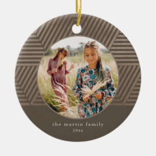 Mooi Taupe Geometric Patroon Foto Kerstmis Keramisch Ornament