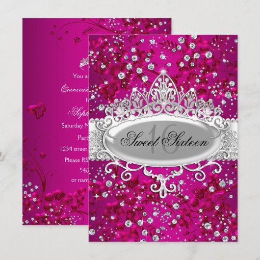 Mooi Tiara Glitter Bloemen Roze Sweet 16 Kaart (Voorkant / Achterkant)