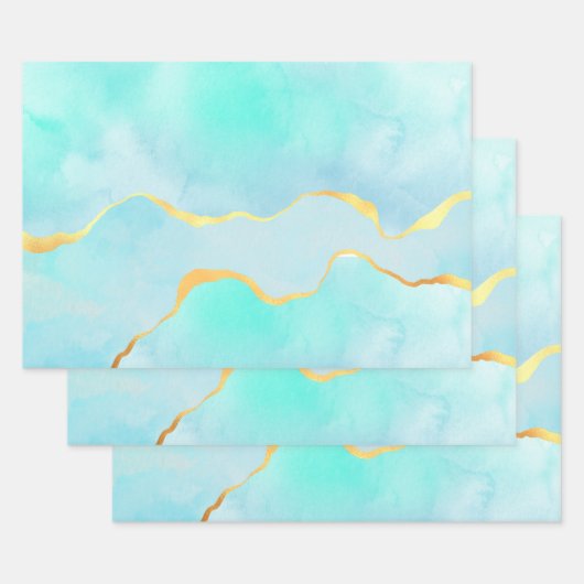 Mooi Tropisch Groen Blauw met gouden Grens Inpakpapier Vel (Set)