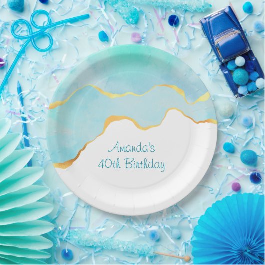 Mooi Tropisch Groen Blauw met gouden Grens Papieren Bordje (Feest)