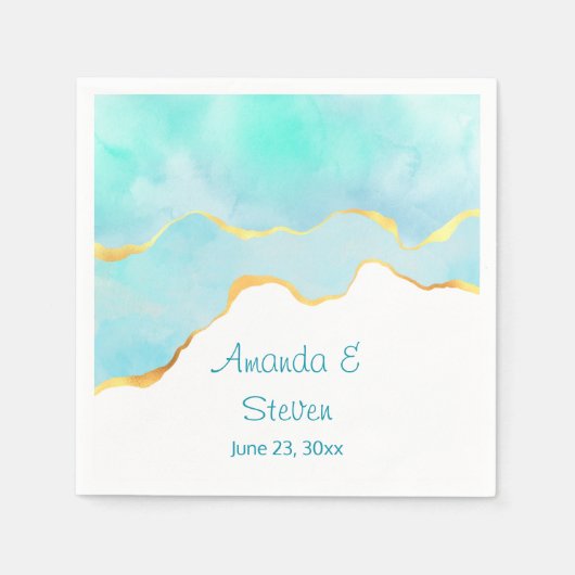 Mooi Tropisch Groen Blauw met gouden Grens Servet (Voorkant)