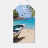 Mooi tropisch strand met een rowboot bedankt cadeaulabel (Voorkant)