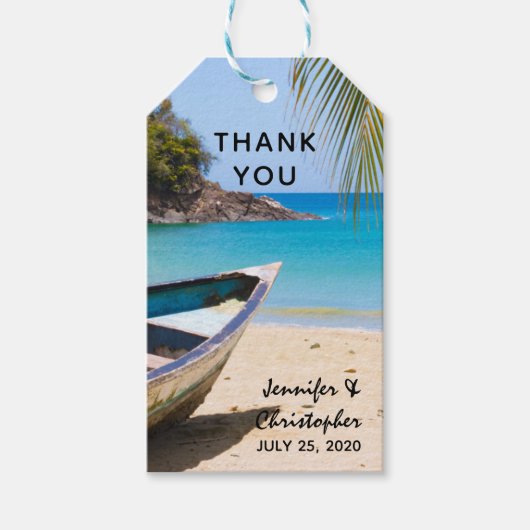 Mooi tropisch strand met een rowboot bedankt cadeaulabel (Voorkant)