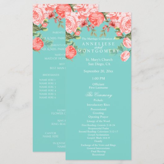Mooi Turquoise en Koraal Bloemendesign - Programma Programmakaart (Voorkant / Achterkant)