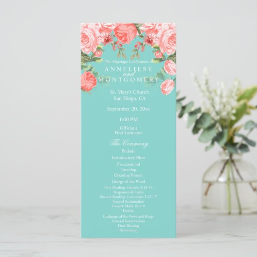 Mooi Turquoise en Koraal Bloemendesign - Programma Programmakaart (Staand voorkant)