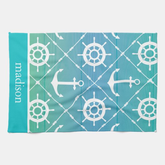 Mooi Turquoise Nautical Monogram Theedoek (Horizontaal)
