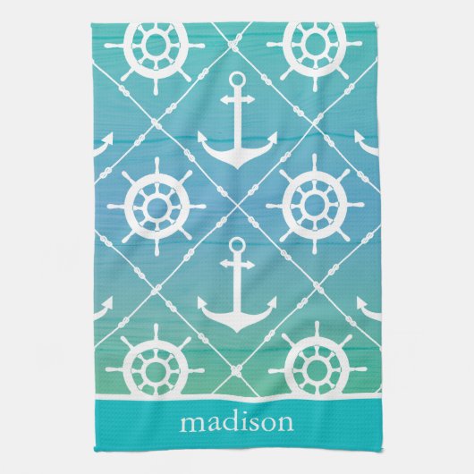 Mooi Turquoise Nautical Monogram Theedoek (Verticaal)