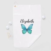 Mooi turquoise vlinder met eigen naam dames golfhanddoek (Insitu)