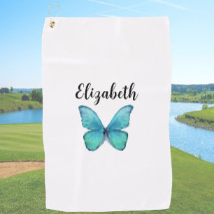 Mooi turquoise vlinder met eigen naam dames golfhanddoek