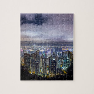 Mooi uitzicht in de stad Hong Kong, donkere nacht Legpuzzel