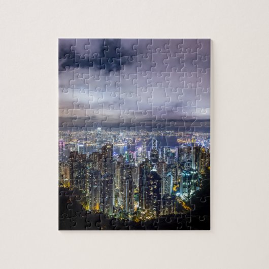 Mooi uitzicht in de stad Hong Kong, donkere nacht Legpuzzel (Verticaal)