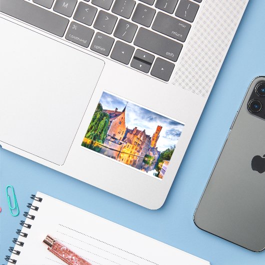 Mooi uitzicht van Brugge Sticker (Laptop met iPhone)