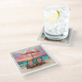 MOOI VINTAGE VERWEERDE ZOMER STRANDSCÈNE GLAZEN ONDERZETTER