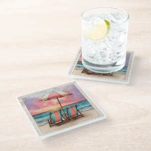 MOOI VINTAGE VERWEERDE ZOMER STRANDSCÈNE GLAZEN ONDERZETTER