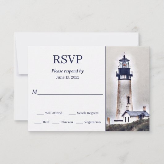 Mooi vuurtoren Nautical Beach Wedding RSVP Kaartje (Voorkant)