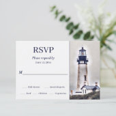 Mooi vuurtoren Nautical Beach Wedding RSVP Kaartje (Staand voorkant)