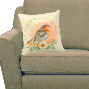 Mooi Waterverf Robin- en Wilde Bloemenframe Kussen