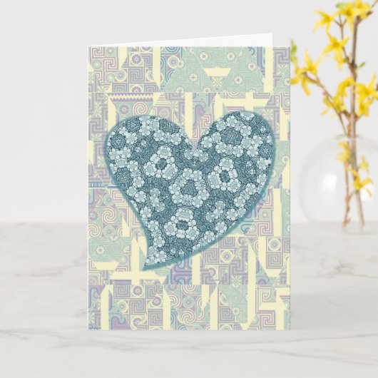 Mooi Whimsical Blauw Hart Abstracte Kunst Valentij Kaart (Gele Bloem)