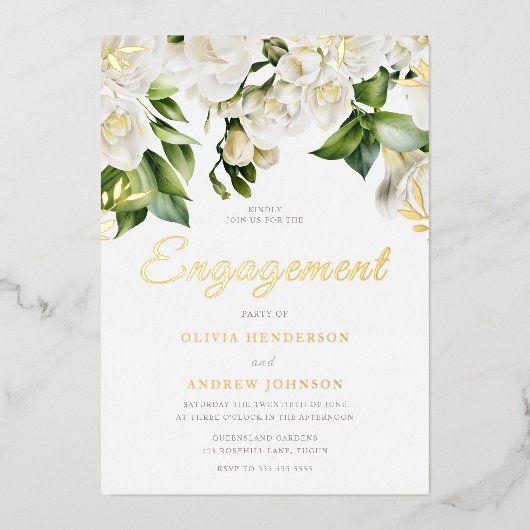 Mooi White Floral Engagement Party Gold Folie Uitnodiging (Voorkant)