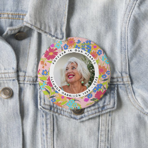Mooi wildbloem-herdenkingsfotolijstje met tekst ronde button 4,0 cm