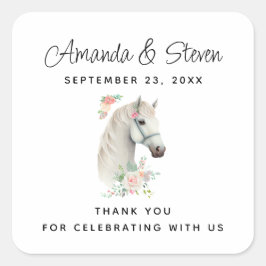 Mooi wit paard Boho bloemenbruiloft Vierkante Sticker