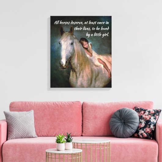 Mooi wit paard en klein meisje Sierkussen Canvas Afdruk (Insitu (Woonkamer))