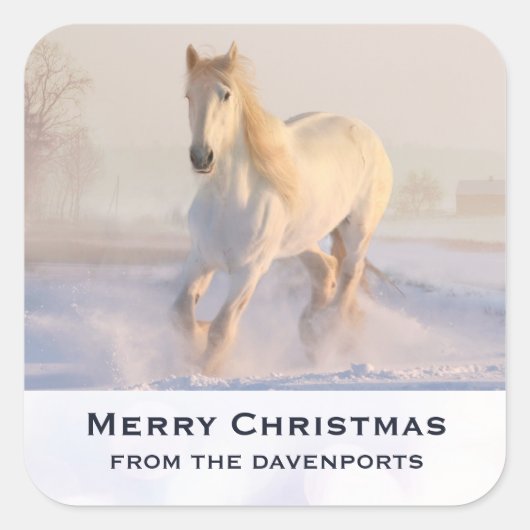 Mooi wit paard galopperen in de sneeuw Kerstmis Vierkante Sticker (Voorkant)
