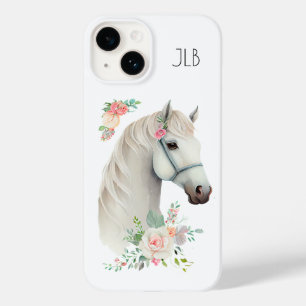 Mooi wit paard hoofd boho bloemen monogram Case-Mate iPhone 14 hoesje