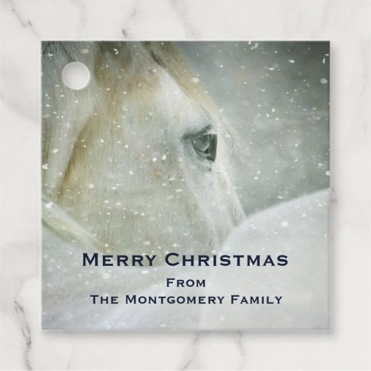 Mooi wit paard in de winter Foto Kerstmis Bedankjes Labels (Voorkant)