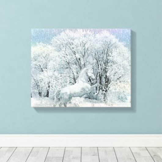Mooi wit paard in sneeuw canvas afdruk (Insitu (Houten vloer))