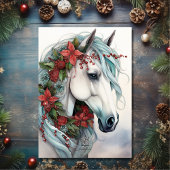 Mooi wit paard met rode bloemen kerst feestdagen kaart