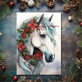Mooi wit paard met rode bloemen kerst feestdagen kaart
