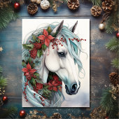 Mooi wit paard met rode bloemen kerst feestdagenkaart