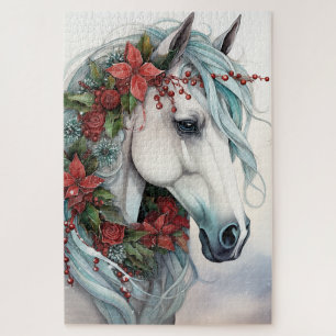 Mooi wit paard met rode bloemen kerst legpuzzel