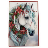 Mooi wit paard met rode bloemen kerst medium cadeauzakje (Voorkant)