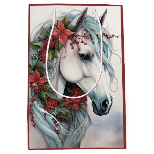 Mooi wit paard met rode bloemen kerst medium cadeauzakje (Voorkant)